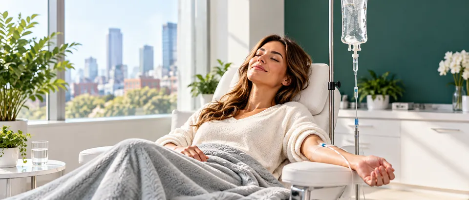 Patient relaxing in an infusion chair during an IV hydration session near Union Square, Manhattan